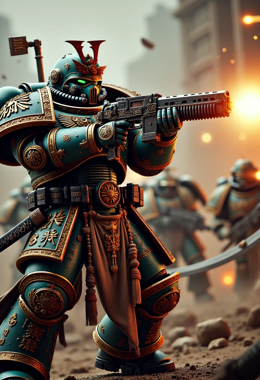 Image a photorealistic depiction of an Edo Space Marine in the heat of battle, using a bolt pistol to fend off an enemy horde. The Marine is in a tight, defensive stance, with a katana drawn and the bolt pistol firing at enemies. Explosions and debris are visible in the background, creating a chaotic battlefield environment. Photorealism & Style: Close-up action shot from the side, capturing the Marine’s intense focus and dynamic combat posture. The lighting is harsh and dynamic, with bright flashes from the bolt pistol and explosions adding drama to the scene.