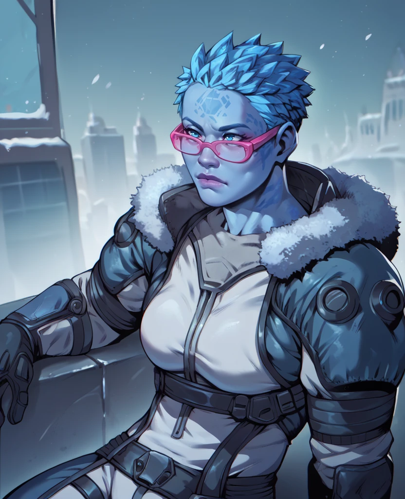 score_9,score_8_up,score_7_up,score_6_up,mrsfrzessq,blue eyes,blue ice hair,short hair,facial mark,
bodysuit,pink glasses, 
sitting,upper body,  muscular,   
snow,city,night,science fiction,solo,
<lora:msfreezeSSQXK-12:0.9>,