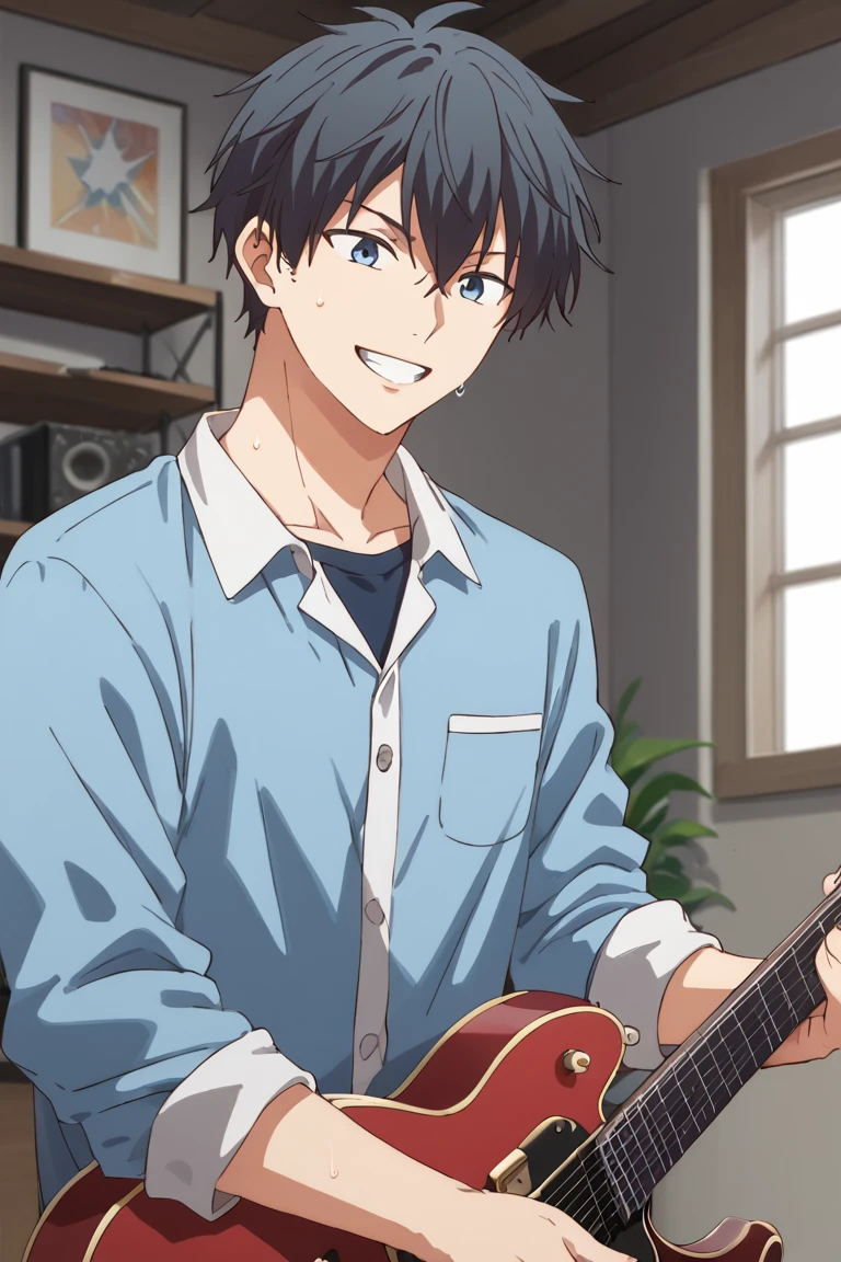 score_9, score_8_up, score_7_up, source_anime, rating_safe, RitsukaGIVEN, blue_Ritsuka_eyes, (black_Ritsuka_hair), 2ndboy, 2ndmale focus, anime screencap, pajamas, smile, teeth, sweating, playing instrument, electric guitar, hands with five fingers, looking at another, blurry indoors, from below