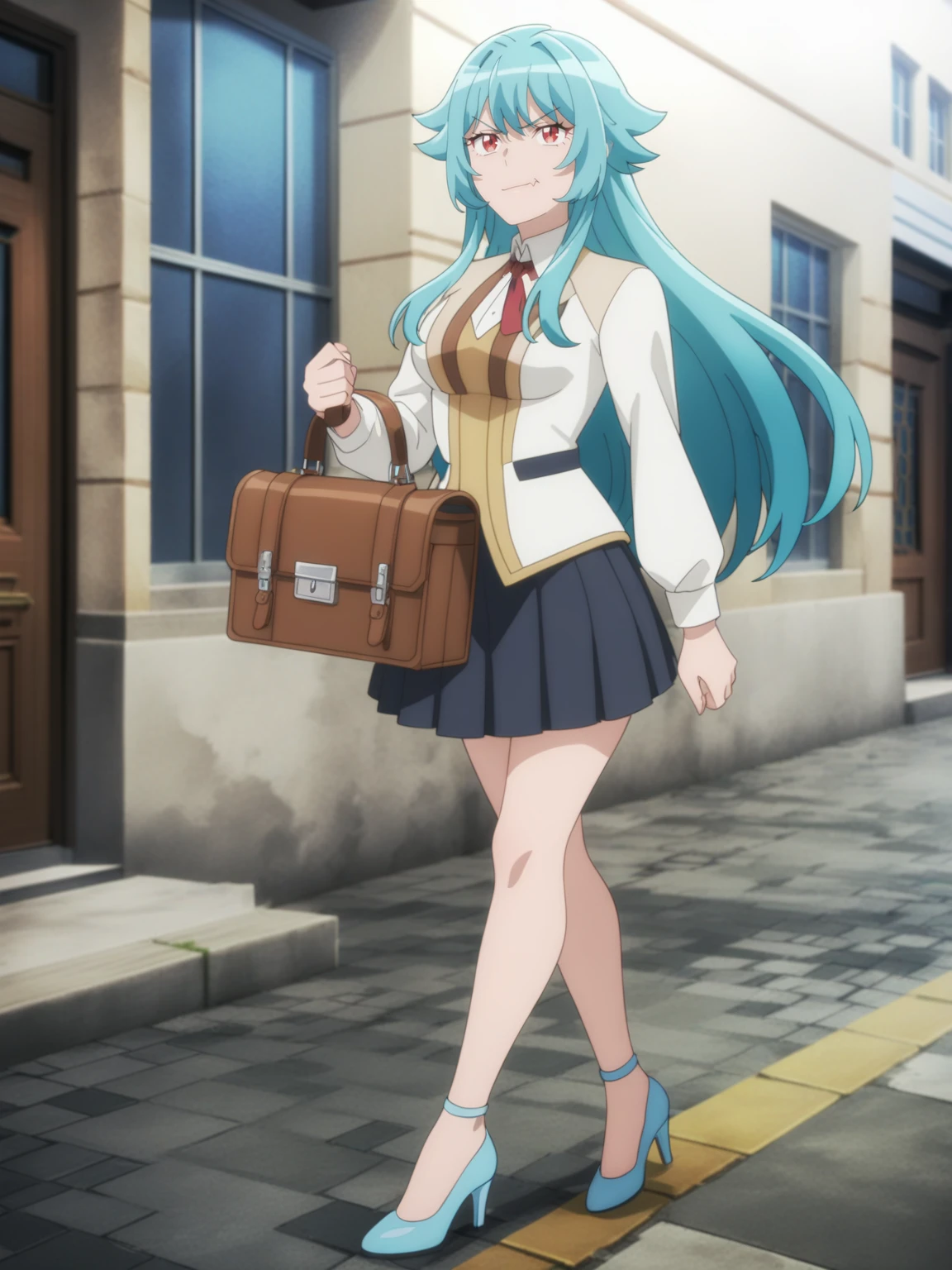 <lora:Tsuki_ga_Michibiku_Isekai_Douchuu-DoRA_V1:0.85>
very aesthetic, newest, best quality, masterpiece, absurdres, 1girl, medium breasts, red eyes, long hair, spiked hair, aqua hair, white shirt, pleated skirt, high heels, holding briefcase, full body, walking, smirk, dutch angle, art deco, school, street