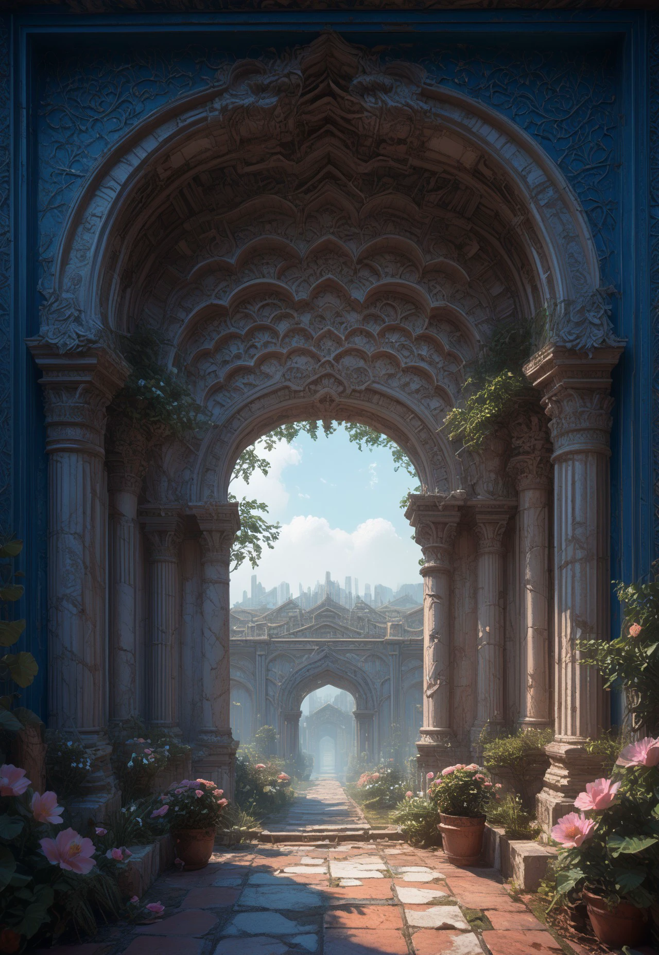 sdfxlz, no humans, scenery, pillar, column, flower, arch, sky, outdoors, plant, architecture, portal, portals, doorway, futurism, fantasy, background, ultra hd, 32k  BREAK PonyXLV6_Scores