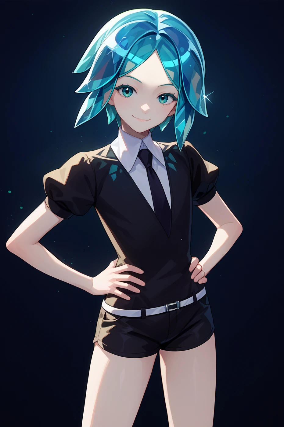 score_9, score_7_up, source_anime, cowboy shot, looking at viewer, smile, phos, white skin, aqua eyes, aqua hair, short hair, crystal hair, black shirt, puffy short sleeves, collared shirt, black necktie, white belt, black shorts, black shoes, hands on hips, simple background, dark background, <lora:Hoseki_HousekiNoKuni_Phosphophyllite_PDXL_v1:1>