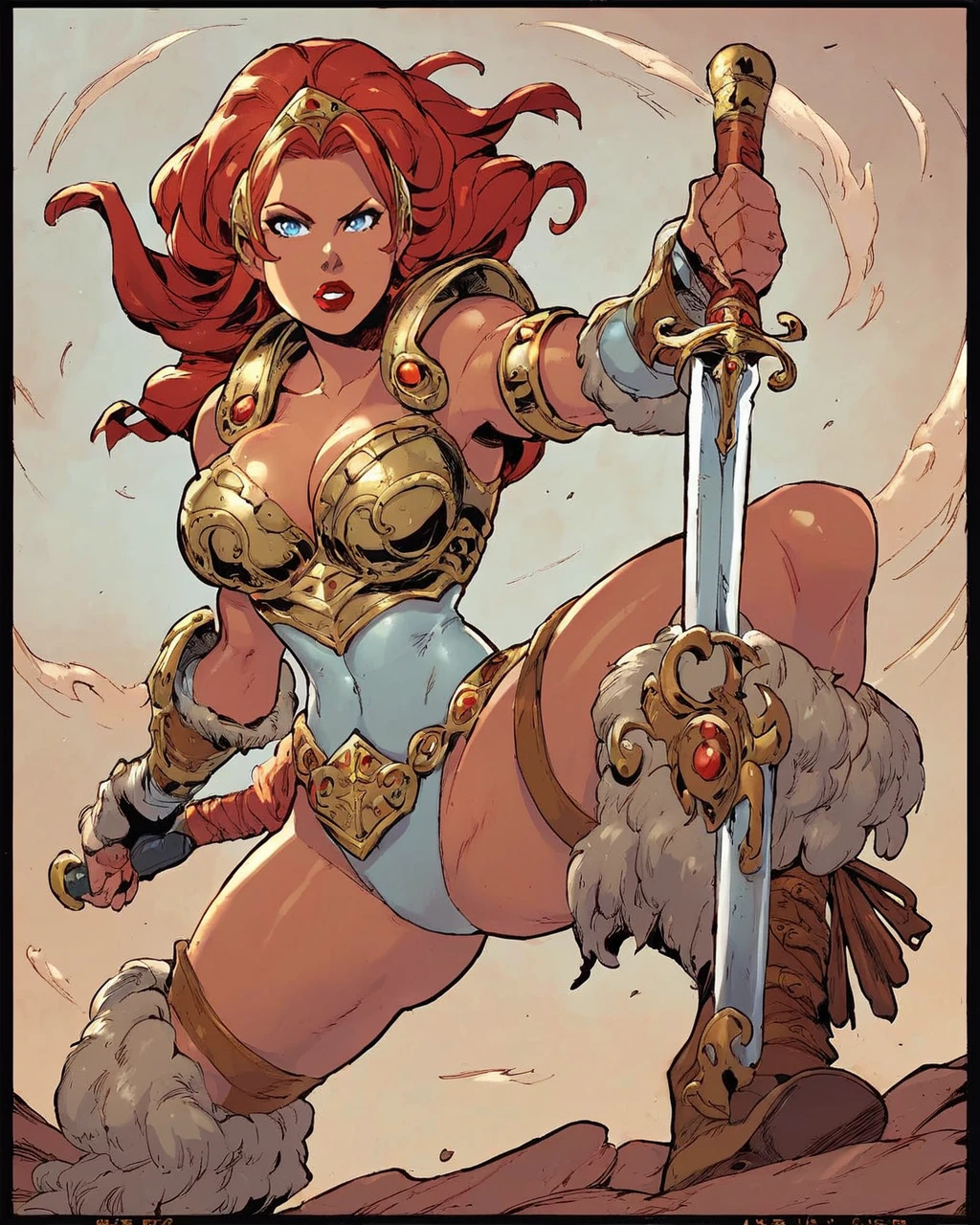 long red hair, thigh strap, armor, chainmail, armored bikini, brown gloves, red sonja, green eyes, showing armpits, raised arms, arms up, arms behind head, posing, solo, masterpiece, shaved armpits, chainmail bikini, groin, silver armbands, perfect proportions