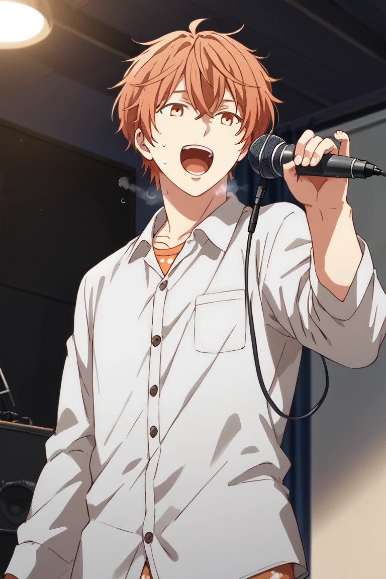 Prompt: score_9, score_8_up, score_7_up, source_anime, rating_safe, MafuyuGIVEN, pinkish red_Mafuyu_hair, orange_Mafuyu_eyes, 1stboy, 1stmale focus, anime screencap, pajamas, holding microphone, open mouth, singing, music, sweating, heavy breathing, hands with five fingers, looking at another, blurry indoors, from below