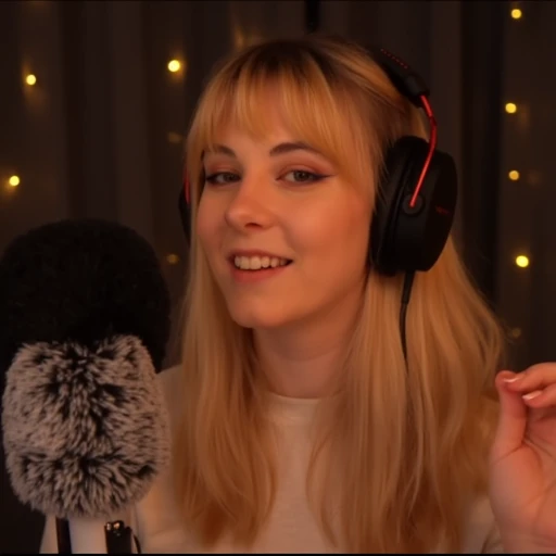 a woman with headphones on holding a microphone in front of a microphone with a microphone in front of her