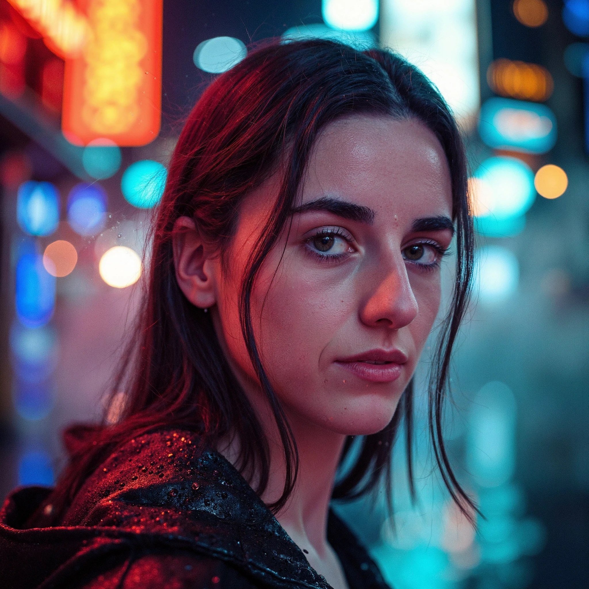 A close-up cinematic photograph of c4itcl4rk ,her face and hair illuminated by the neon glow of a rain-soaked city street at night. Droplets cling to her eyelashes and trickle down her cheeks, reflecting the vibrant colors of nearby signs and traffic lights. Her piercing gaze meets the camera, conveying a mix of determination and vulnerability. The shallow depth of field blurs the urban backdrop into a shimmering tapestry of lights and shadows, while keeping c4itcl4rk in sharp focus. Steam rises from a nearby grate, adding an ethereal quality to the scene. The composition follows the rule of thirds, placing c4itcl4rk slightly off-center to create visual tension. A subtle vignette effect draws attention to her face, enhancing the intimate, noir-inspired atmosphere. The rain-slicked pavement mirrors the city's lights, creating a captivating interplay of reflections. The overall mood is one of brooding introspection, with a cinematic color grading that emphasizes deep blues and purples contrasted against warm amber tones. High-contrast lighting sculpts her features, casting dramatic shadows that hint at the complexities of her character<lora:flux_realism_lora><lora:CaitlinClarkFlux_V1>