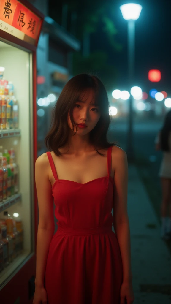 bailing_film_style,red dress,facing camera, wong kar wai style,movie style,high saturation,film texture,night,girl,close up,full body,fuji 100mm,color temperature 3200k,8k,RAW photo,best quality,masterpiece,realistic,1girl,solo,backlighting,pure desire,cool color tone,floating petals,small fresh style,skin texture,wide-angle lens,from_above,Nights,vending machines,girls in loose suspenders.,bailing_model,