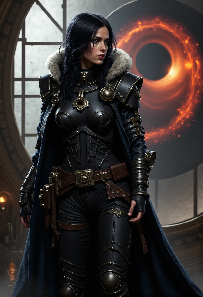 Imagine a photorealistic high-definition close-up portrait depiction of Carys, a beautiful woman with black hair, she is an Inquisitor in power armor  and fur lined cloak standing in in a gothic style space station in front of a huge window looking at a black hole and its glowing hot event horizon disk, holding a Bolter in her hands