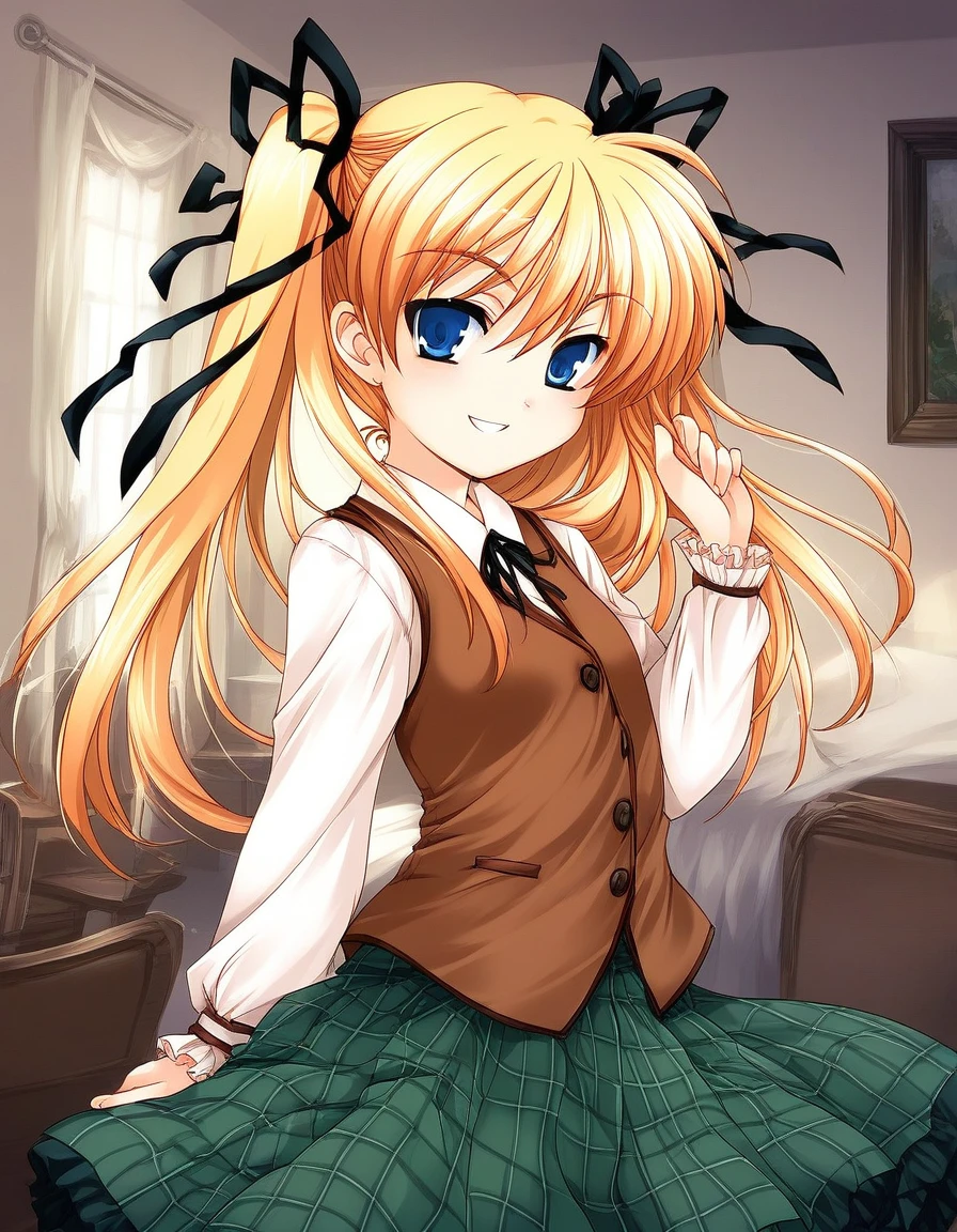 score_9, score_8_up, score_7_up, source_anime, rating_explicit, BREAK  <lora:Itsukiï¼Imi_Ver2.0_XL:1>  Itsukiï¼Imi, blonde hair, blue eyes, ribbon, long hair, hair ribbon, twintails, short stack,
 brown vest,  checked skirt, green skirt, long skirt,
smile,
looking at viewer, 
cowboy_Shot,
Western-style room,