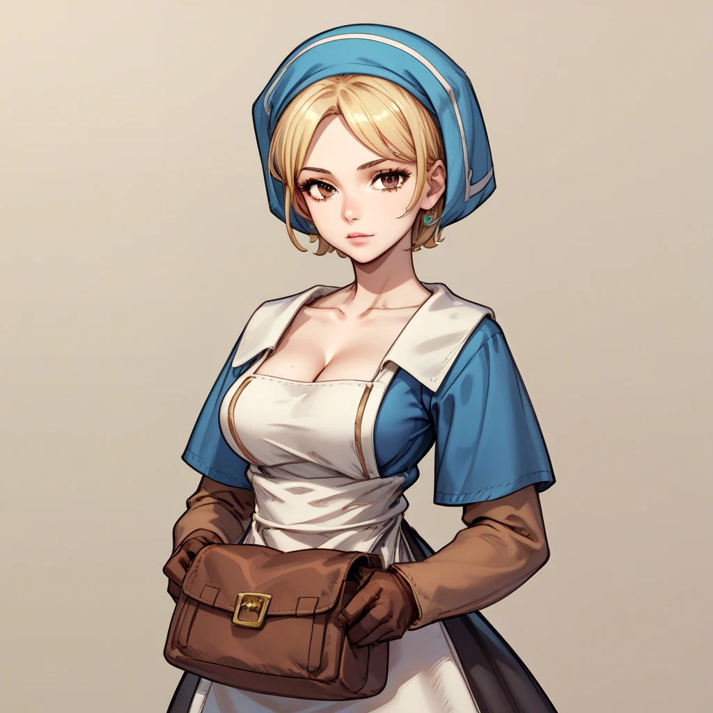 <lora:Final_Fantasy_Tactics_Chemist:.7> fftchem, 1girl, solo, blonde hair, short hair, gloves, looking at viewer, apron, brown eyes, bag, brown gloves, hat, portrait, dress, large breasts,  cleavage, (sexy pose, sexy, slutty, seductive, flirty, flirt, posing seductively,:1.3), score_9, score_8_up, score_7_up, BREAK,, sketch, sketch manga style traditional media croquis colored (medium),, thin waist, tight body, athletic body,