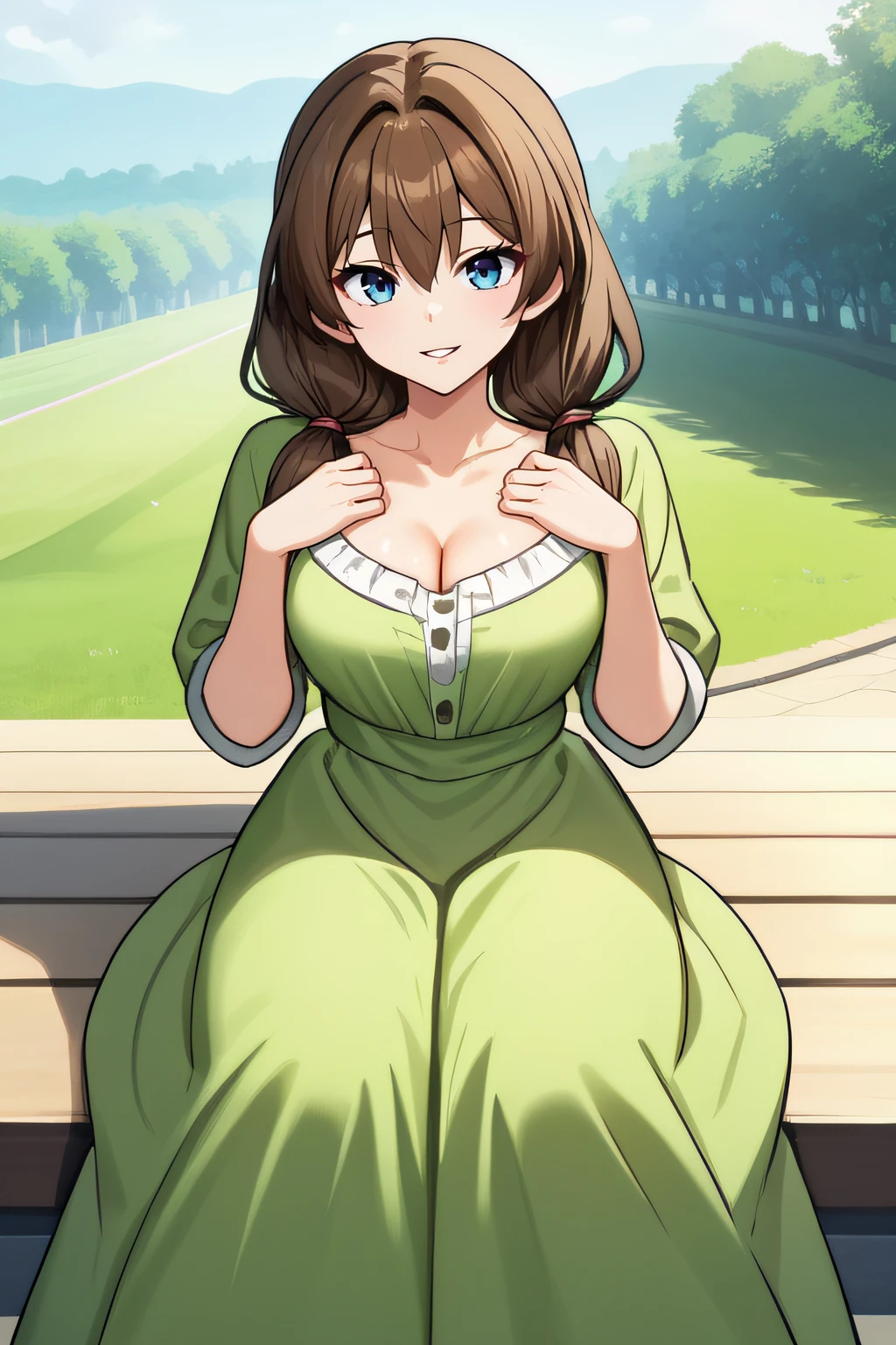 score_9, score_8_up, score_7_up, source_anime, rating_safe, intricate details, anime screencap, official style, 1girl, <lora:Rei:1>, rei, brown hair, blue eyes, twintails, hair over shoulders, collarbone, cleavage, long skirt, green dress, green sleeves, rolled-up, taut dress, cowboy shot, looking at viewer, smile, hands on chest, outdoor, sitting, parted lips