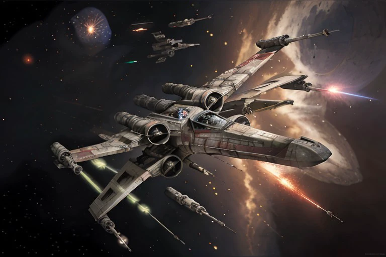 analog gloomy aerial photo of an (X-Wing, <lora:xw1ng:1>), ((nighttime)), (flying in a space battle), (outer space), (planet orbit), ((explosions in the background)), ((lasers)), High Detail, Sharp focus, (photorealism), realistic, best quality, 8k, award winning, dramatic lighting, epic, cinematic, masterpiece, rim light, (action movie), war,  depth of field, dutch angle,