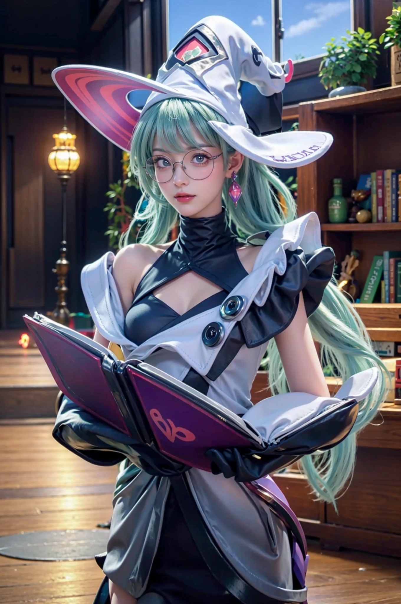 <lora:Airi_Black_Magician_AoV_Model_LoRA:0.4>, Airi Black Magician, cat, 1girl, solo, long hair, very long hair, green hair, aqua hair, bangs, twintails, hat, witch hat, white headwear, earrings, looking at viewer, purple eyes, parted lips, black cat, smile, indoor, table, book, lamp, room, holding, holding book
 , <lora:circle-glasses_v1.1:1>, ((circle-glasses)), best quality, ultra high res, (photorealistic:1.4), masterpiece, real life skin, hyper real