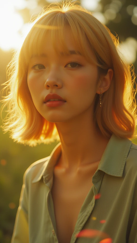 bailing_film_style,shirt,wong kar wai style,high saturation,film texture,pretty girl,close up,half body,fuji 100mm,color temperature 3200k,sunlight,long yellow short hair,dreamlight,
