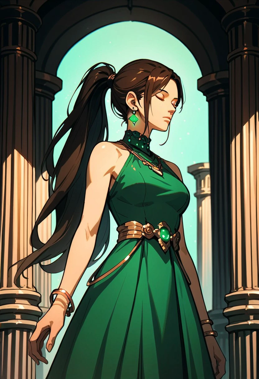 score_9,score_8_up,score_7_up,source_anime, EVE07,1girl,solo,long hair,brown hair,black hair,dress,jewelry,standing,closed eyes,ponytail,earrings,bracelet,glowing,green dress,pillar,