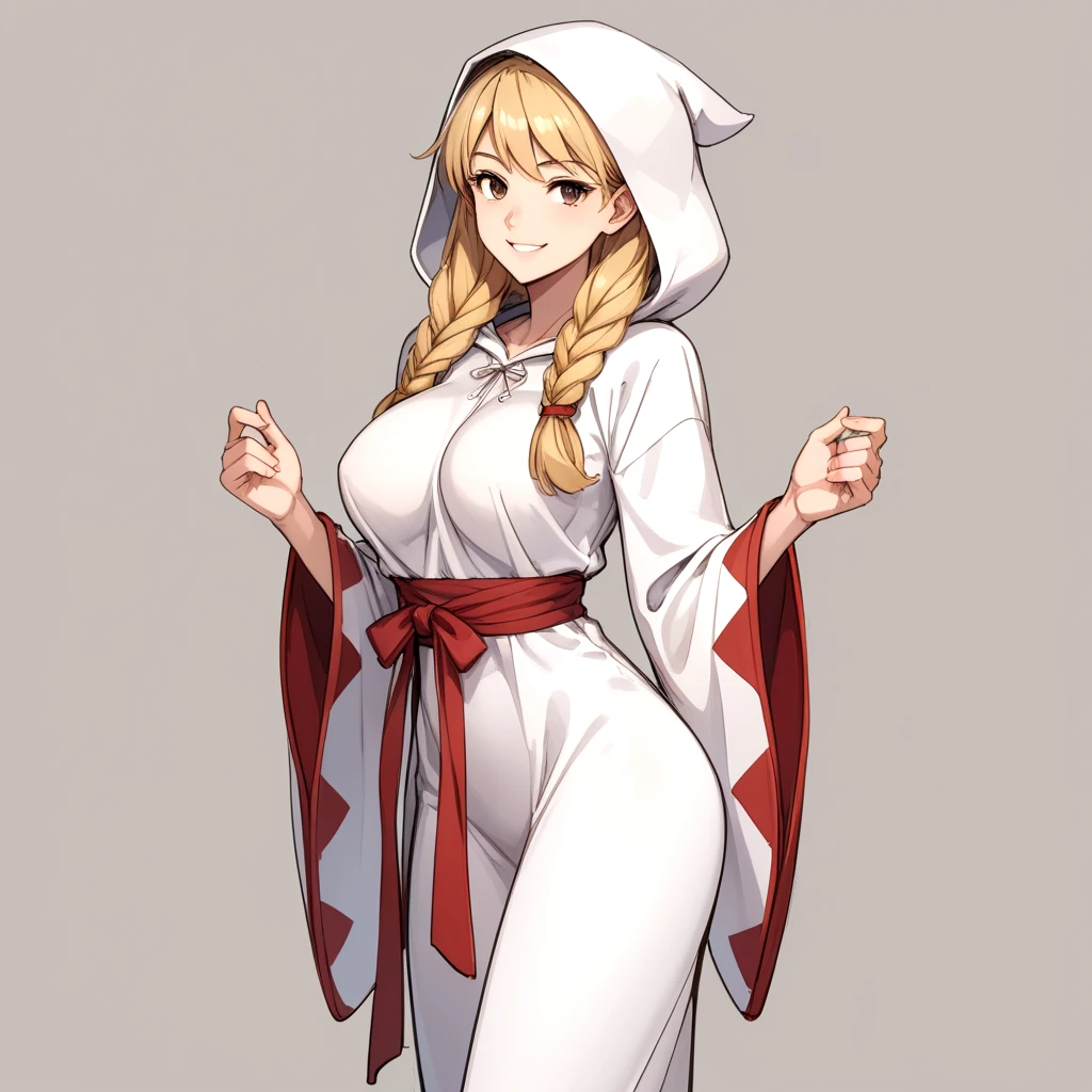 large breasts, (abs:0.5), <lora:Final_Fantasy_Tactics_White_Mage:.5> fftwhitemage, 1girl, solo, twin braids, hood, smile, braid, blonde hair, long hair, brown eyes, looking at viewer, hair over shoulder, robe, wide sleeves, breasts, sketch, sketch manga style traditional media croquis colored (medium),, score_9, score_8_up, score_7_up, BREAK,, sexy pose, sexy, slutty, seductive, flirty, flirt, posing seductively,, thin waist, tight body, athletic body,, strong legs, strong thighs, barefoot,