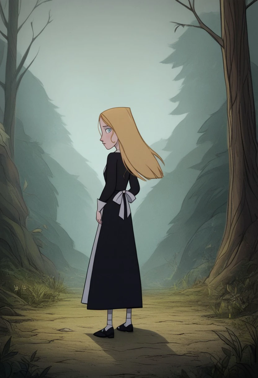 (zPDXL3) source_cartoon, robyn_goodfellow_v2, blonde hair, long hair, solo, from behind, black dress, apron, windy, 1girl, looking back at viewer, dark forest, blue eyes, Hand, detailed, perfect, perfection, hands