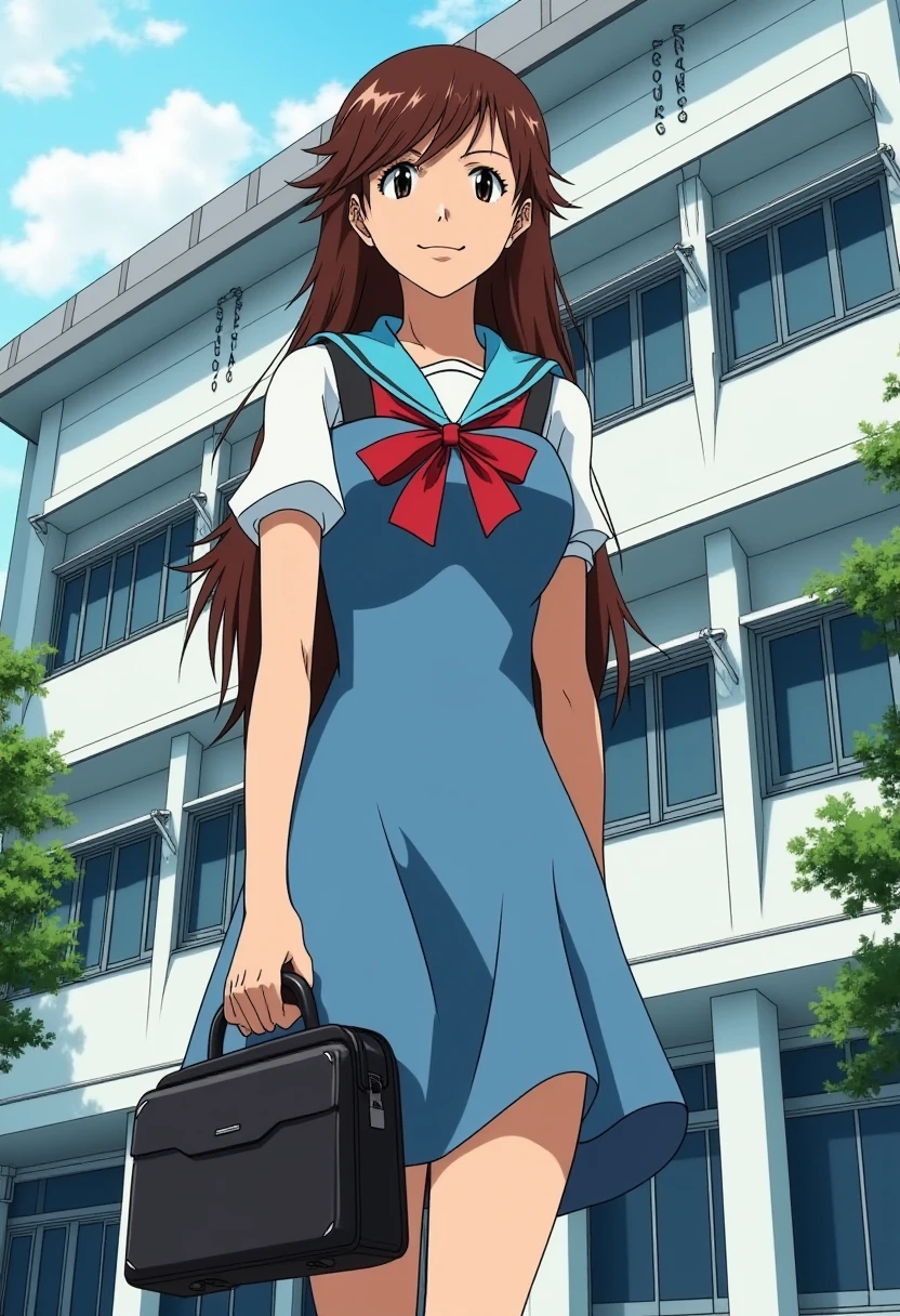 A detailed portrait of suzuharasakura. 
Anime style, sharp, high contrast and highly detailed. Ghibli anime style. Perfect anatomy. Perfect body ratio. No oversized head. No blurry, out of focus pictures. No simple background, no single color background. 
She is wearing tokyo-3 middle school uniform, consisting of a light blue sleeveless jumper dress worn over a white blouse with short, puffed sleeves. The jumper has a sailor-style collar, and a red ribbon tied at the front adds a classic school uniform detail. The outfit is paired with a simple black briefcase, completing the schoolgirl look.  She is standing in front of a school building.
She is looking at the camera with a smile. 
<lora:Suzuhara Sakura - Flux prototype_epoch_5:1>