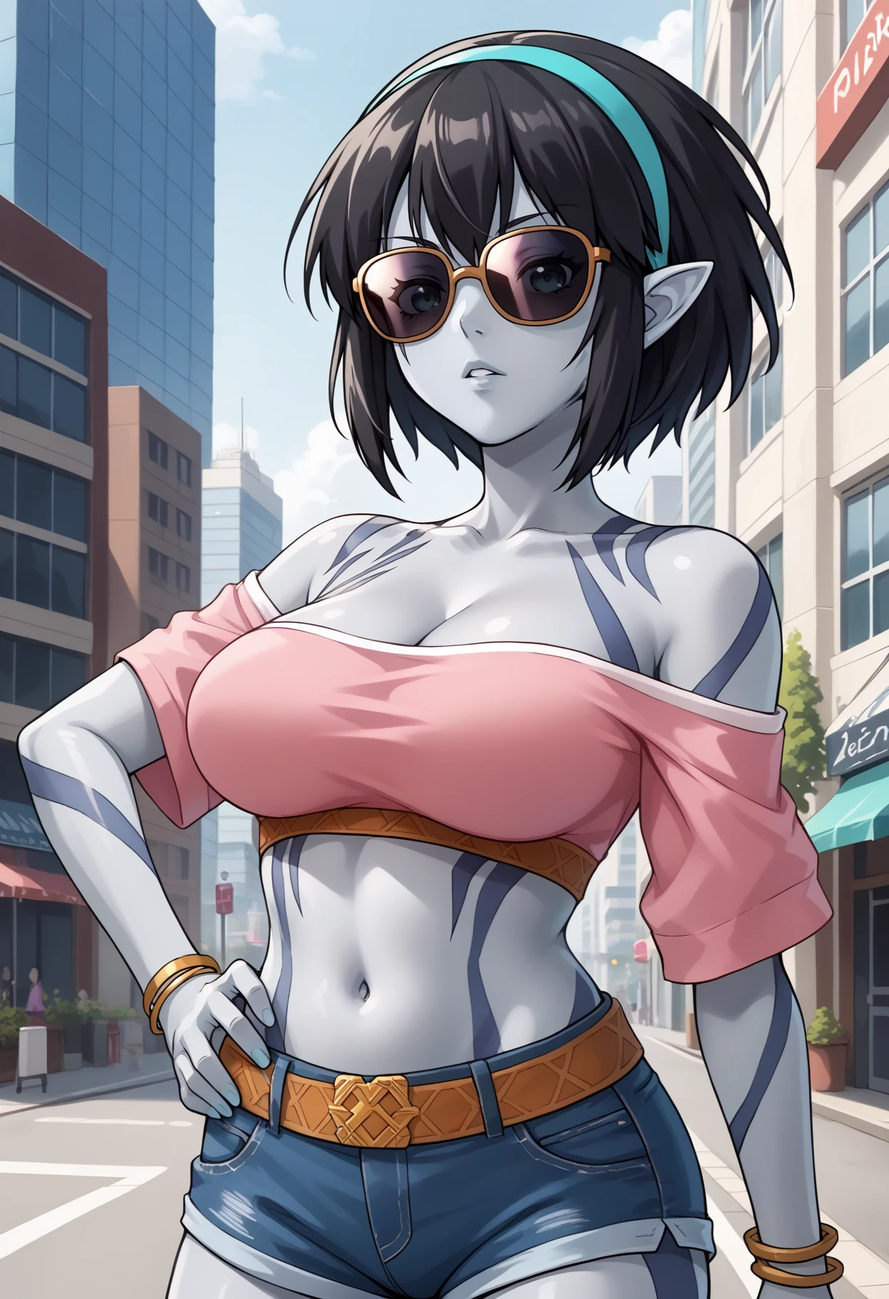 score_9, score_7_up, source_anime, 1girl, cowboy shot, looking at viewer, hand on own hip, parted lips, <lora:CelciusToS-pdxl:1> celcToS, colored skin, short hair, black hair, aqua hairband, sunglasses, covered eyes, pointy ears, tattoo, off shoulder, pink shirt, cleavage, large breasts, midriff, denim shorts, city