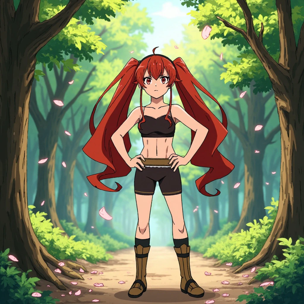 erisgreyrat with twin tails, stands in the middle of a serene forest clearing with a hand on her hip. The scene is bathed in soft afternoon light, with vibrant green leaves and floating cherry blossom petals surrounding her. The anime style highlights her athletic build and expressive face, with sharp lines, vibrant colors, and dynamic shading