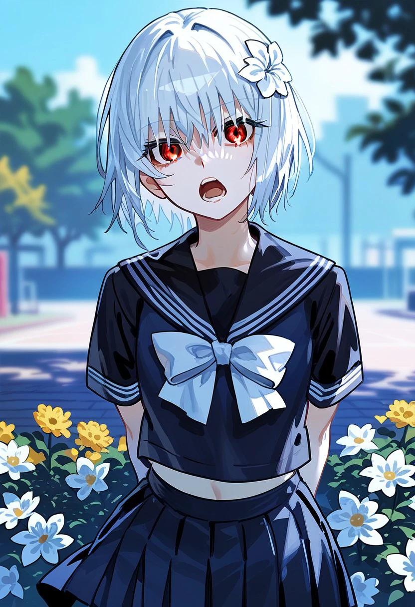 score_9,score_8_up,score_7_up,source_anime, Suzushina Yuriko,1girl,solo,looking at viewer,short hair,open mouth,bangs,skirt,shirt,hair ornament,red eyes,bow,holding,school uniform,flower,white hair,short sleeves,pleated skirt,outdoors,serafuku,day,hair flower,sailor collar,blurry,blue skirt,leaning forward,blurry background,arms behind back,white bow,genderswap,genderswap \(mtf\),albino,a certain high school uniform,accelerator \(toaru majutsu no index\),