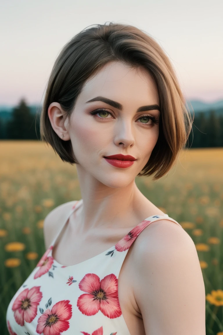 lizhurl, ((red lipstick, blush, eyeliner, eye shadow, pale skin)), ((masterpiece, best quality, extremely detailed, high resolution)), ((detailed eyes, detailed face):1.2),((fully clothed, modest)) ,photo of a woman, RAW, ((beautiful floral print sundress)),((short hair, pixie cut)), ((outdoors, gorgeous meadow, walking)), 8k uhd, dslr, soft lighting, high quality, film grain, Fujifilm XT3 sharp focus, f 5.6,slight smile