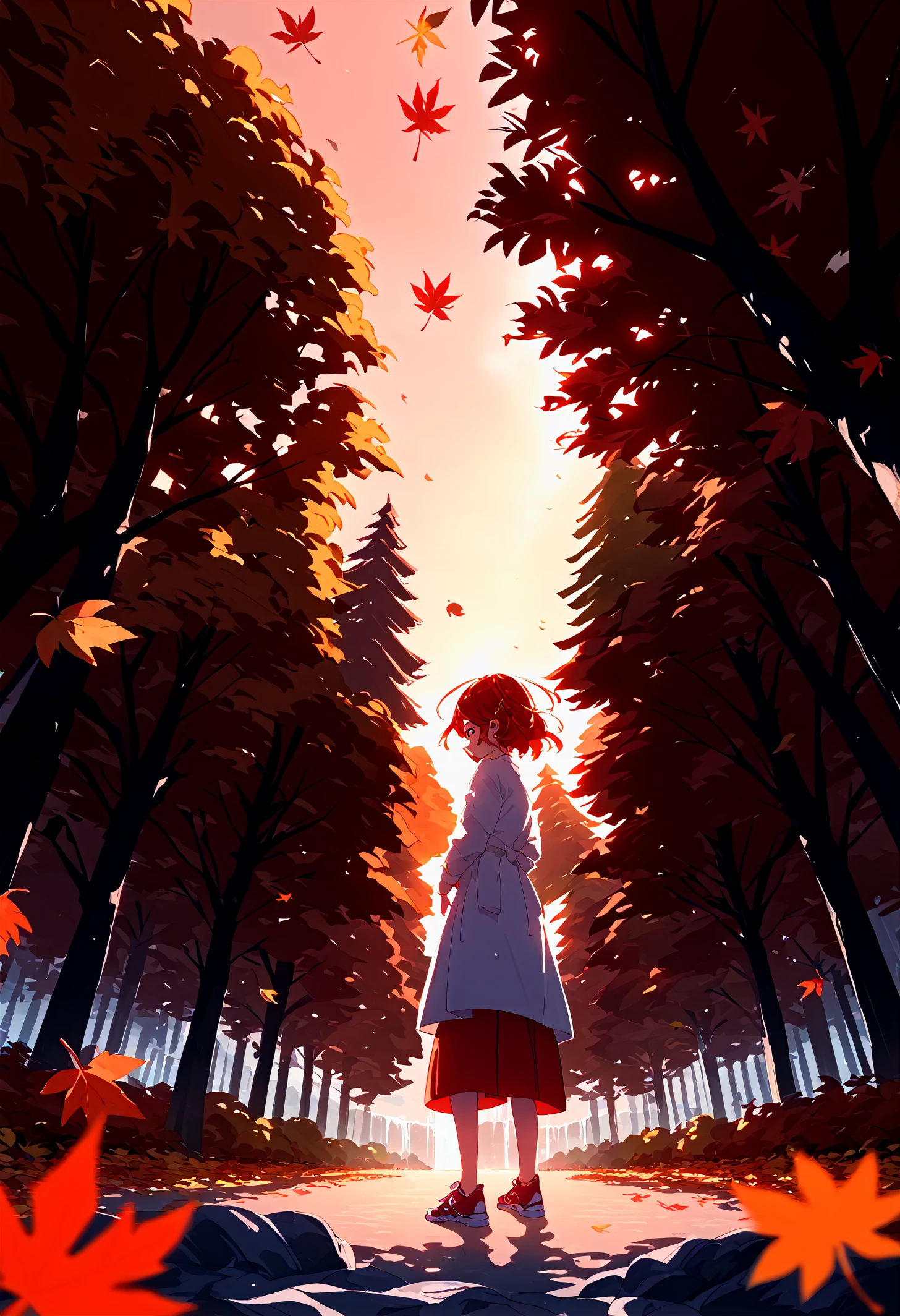 score_9,score_8_up,score_7_up,source_anime,single hair ring,chef_uniform,sneakers,dynamic_angle,atmospheric perspective,backlighting,red theme,wind,(Giant trees, leaves that cover the sky:1.3),(maple leaves,Autumn leaves, autumn,red mountain,Fallen leaves:1.1),waterfall,