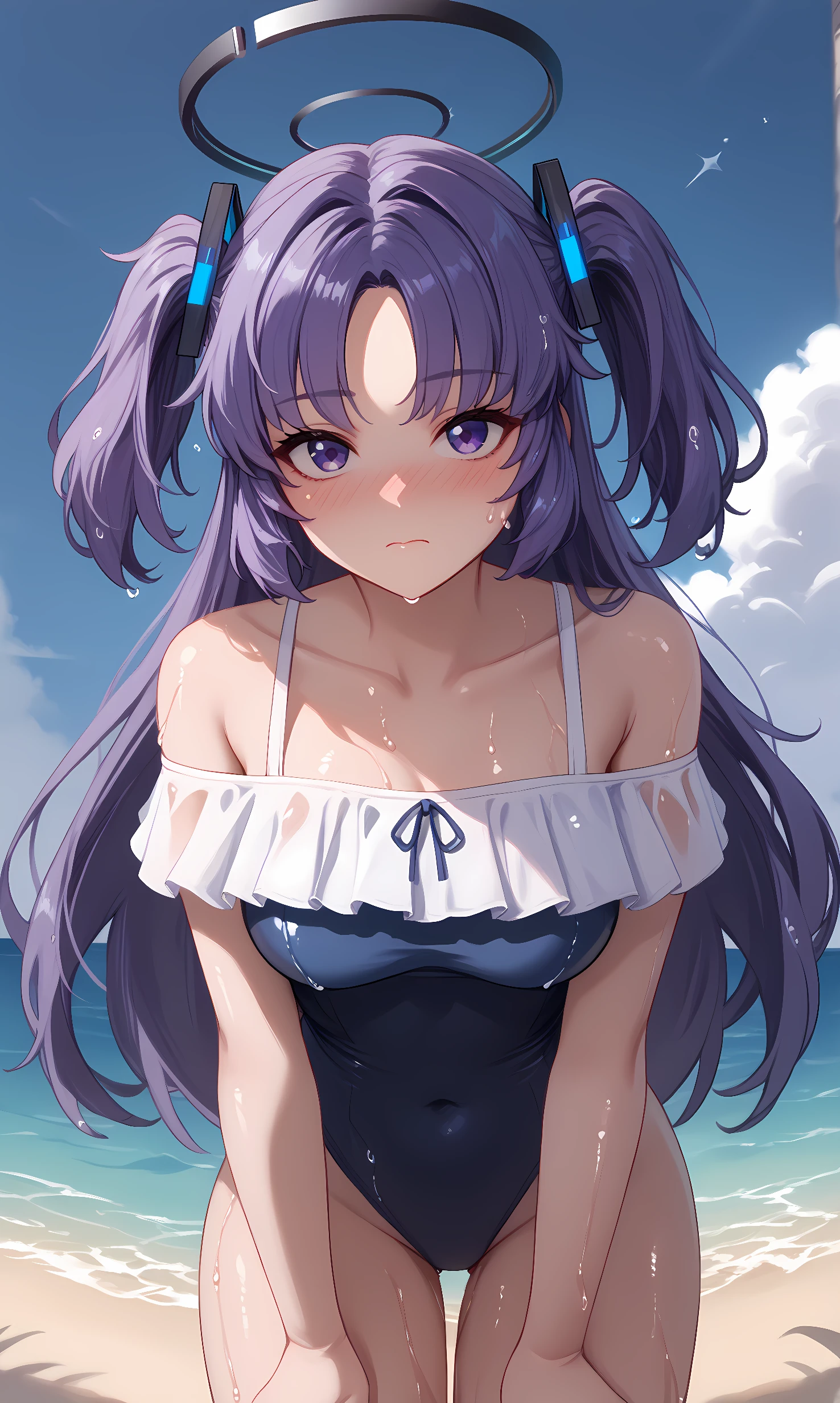 Keito。Purple Eyes。Purple Hair。Purple Swimsuit。Ocean。