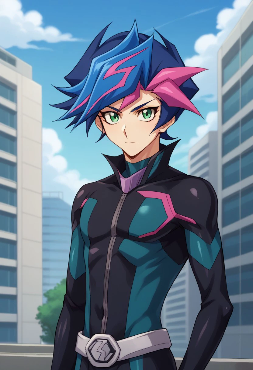 score_9, score_8_up, score_7_up, source_anime, highly detailed, 
yusaku, 1boy, solo,  male focus, green eyes, multicolored hair, blue hair, two-tone hair, pink hair, bodysuit, black bodysuit, playmaker outfit,BREAK
outdoor, sky, building, upper body