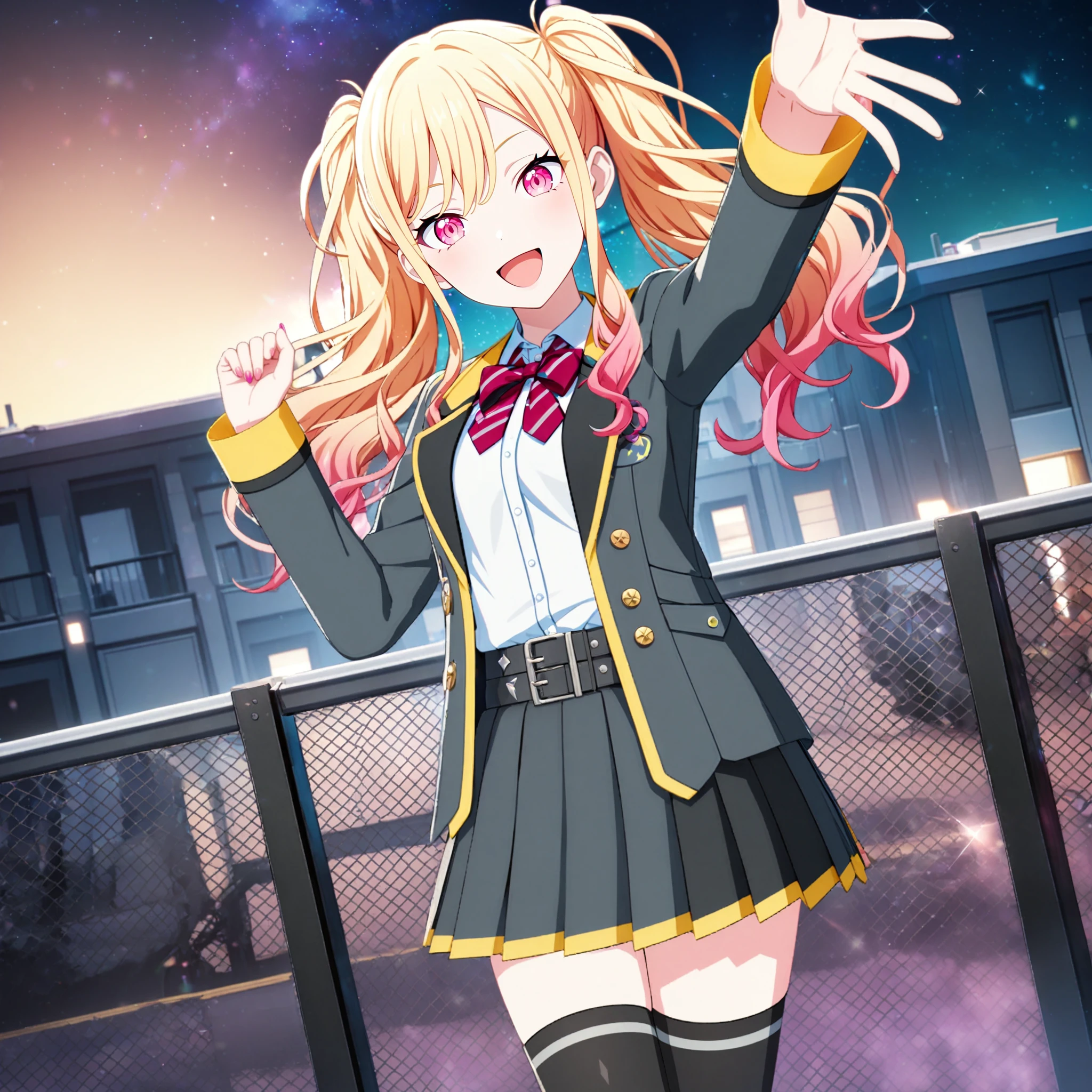 1girl, tenma saki, project sekai, masterpiece, very aesthetic, absurdres, official art,
brandnew saki, solo, long hair, twintail, blonde hair, pink gradient hair, pink eyes,
(looking at viewer:1.4),  :D, v. reaching, legs apart, BREAK
thighhighs, skirt, black thighhighs, jacket, bow, bowtie, pleated skirt, belt, school uniform, shirt, black skirt, long sleeves, red bow,  white shirt, twintails, red bowtie, zettai ryouiki, blazer, collared shirt, grey jacket, black belt, open jacket, open clothes, black jacket, striped, striped bow, dress shirt, belt buckle, buckle, shirt tucked in, striped bowtie, yellow trim miniskirt,
beautiful starry sky, top of the school building, wire mesh fence, 
<lora:sdxl-leo-BNSaki03:0.8:lbw=0,0,0.2,0.2,0,0.4,0.4,0,0.8,0.8,0,0,0,0.8,0.8,0.6,0.8,0.0,0.0,0.0,0,0,0,0,0,0>