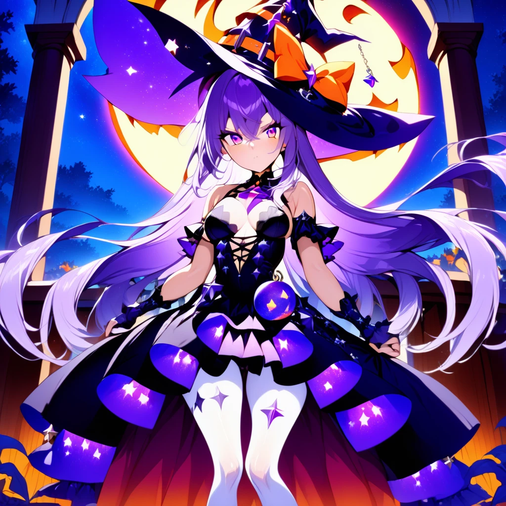 medium breasts, 1girl, elbow gloves, hat bow, moon, standing, pumpkin, bare shoulders, earrings, purple eyes, hat, underwear, hand on headwear, jack-o'-lantern, witch hat, purple hair, looking at viewer, red eyes, night, jewelry, bangs, bow, key, black gloves, crescent