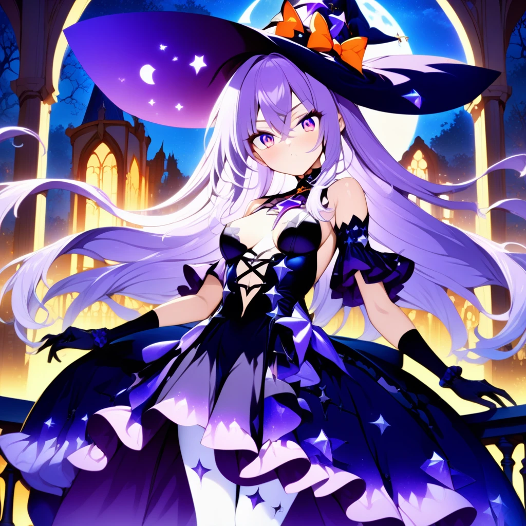 full moon, hand up, long hair, bare arms, bow, twintails, clothing cutout, small breasts, purple eyes, gloves, light purple hair, hand on headwear, crossed bangs, blue sleeves, witch, sitting, crescent moon, key, hat, night, pantyhose, black gloves, very long hair, looking at viewer, halloween