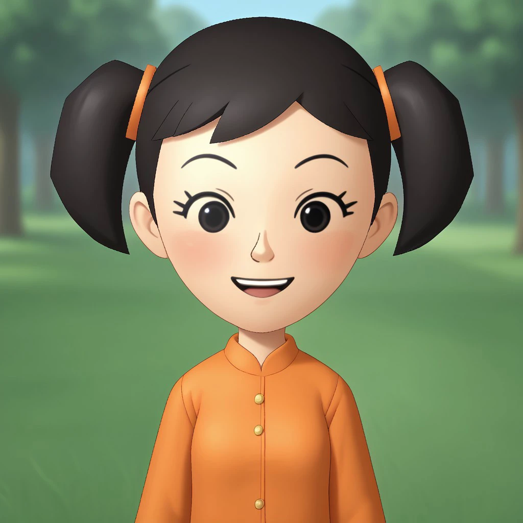 score_9, score_8, BREAK, solo, mii, wii, black hair, twintails, black eyes, dot eyes, blush, open mouth, teeth, orange clothing, black pants, barefoot, wii music, female mii, 1girl, Naoko_(\Wii_Music\), Nintendo Mii, modern_mii, classic_mii, cute, small breasts, sexy pose, smile, outdoors, sunlight, shadows, evening lighting, natural lighting, forest, trees, grass, orange sky, sunset, PONYXL_WaifuFeetPics_ownwaifu, perfect feet, soles, 4 toes in left foot, 4 toes in right foot, perfect anatomy, accurate anatomy, foot focus, feet, toes, sitting