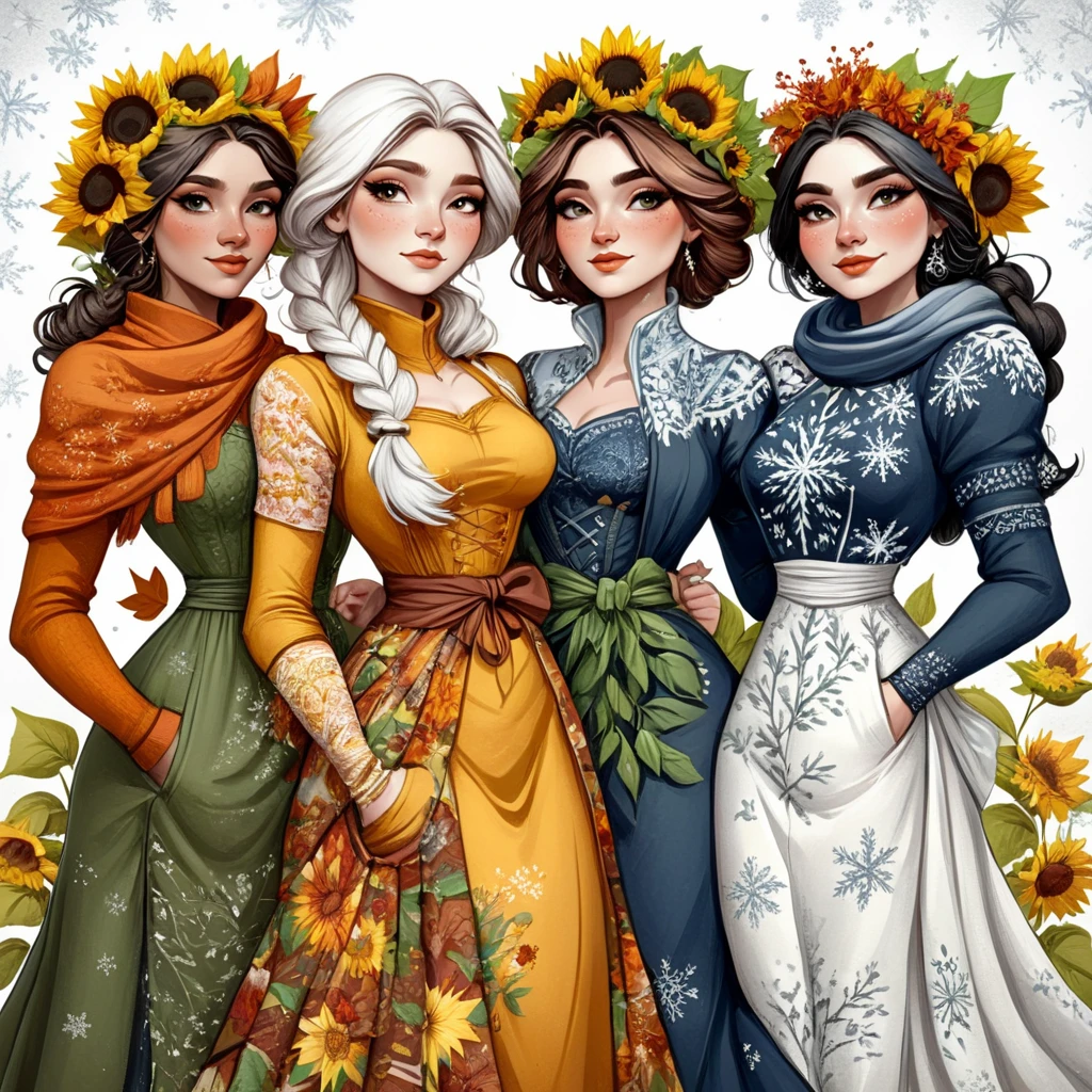 <lora:DnDBWIllustration:1> ArsMJStyle, DnDBWIllustration, four women representing the seasons, each dressed in richly detailed garments. They stand intertwined with the natural elements of their seasonsaspring blossoms, summer sunflowers, autumn leaves, and winter snowflakes.