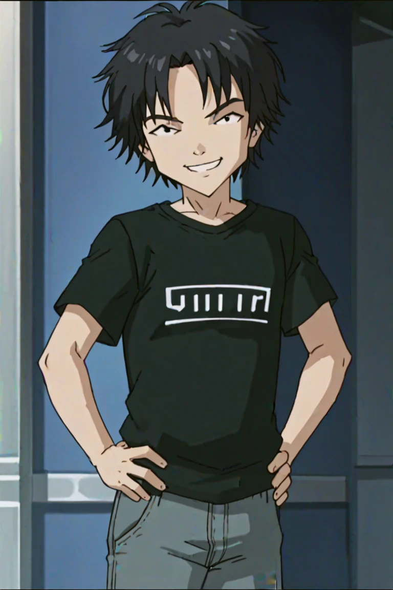 score_9, score_8_up, score_7_up, source_anime, rating_safe, WilliamCL, 1boy, male focus, black eyes, anime screencap, black_William_hair, William_shirt, William_pants, smile, hands on hips, hands with five fingers