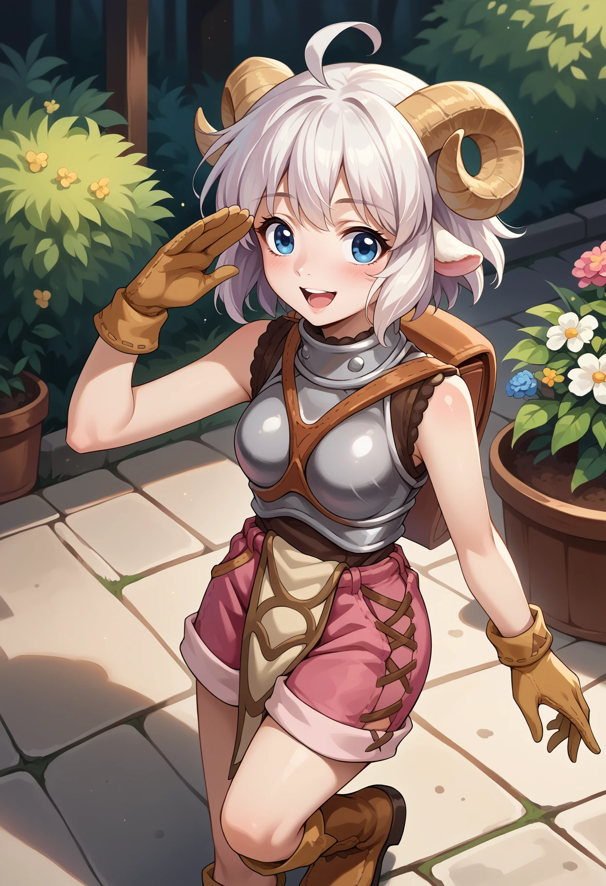 score_9, score_8_up, source_anime, 1girl, solo, blue eyes, white hair, short hair, ahoge, messy hair, sheep horns, sheep girl, NoviceClothes, breastplate, brown belt, backpack, pink shorts, pelvic curtain, brown gloves, brown boots, happy, blush, arm up, from above, open mouth, garden, outdoors, wide shot, <lora:ChamRagnarokOnlineNovicePonyXL:1>