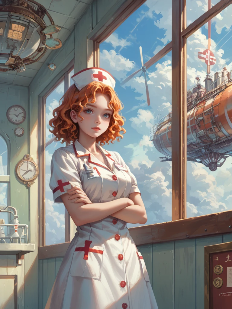 score_9,score_8_up,score_7_up,source_anime,detailed face,higres illustration,1girl,<lora:sky_world:1>,sky world,cowboy shot,jewelry,nurse,cloud,propeller,window,crossed arms,orange hair,wavy hair,