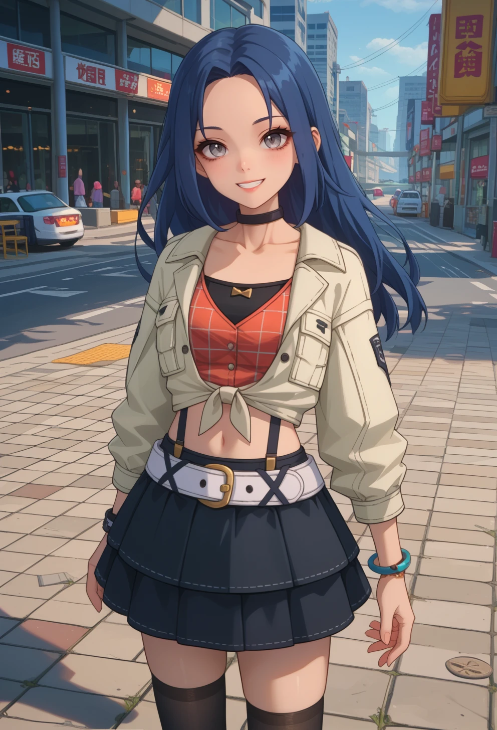 score_9, score_7_up, source_anime, BREAK <lora:AEDinah:0.8> AEDinah, grey eyes, blue hair, long hair, black choker, crop top, cropped jacket, long sleeves, midriff, open jacket, plaid shirt, bracelet, belt, suspenders, black skirt, miniskirt, pleated skirt, black thighhighs, sneakers, smile, falling petals,