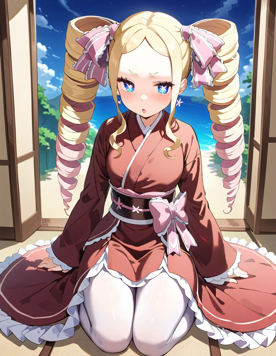 Beako, 1girl, solo, long hair, blush, smile, open mouth, blonde hair, ribbon, twintails, open eyes, hair ribbon, upper body, sidelocks, japanese clothes, teeth, kimono, upper teeth only, drill hair, outstretched arms, twin drills, rock, sitting,