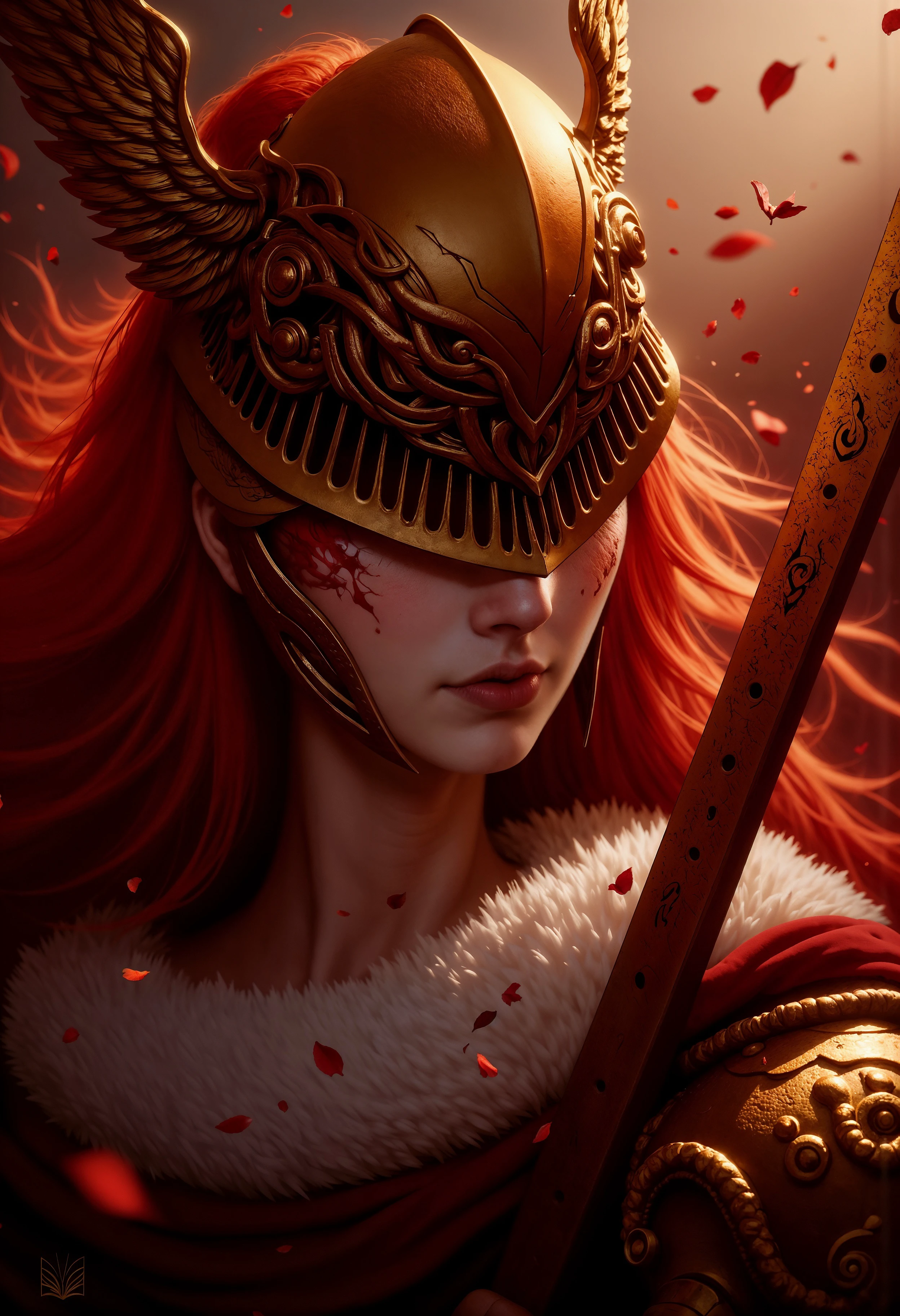 An intense close-up of MaleniaNorm, capturing her fierce, battle-worn beauty and unbreakable resolve. her fiery red hair flowing, strands streaked with blood from recent combat. Her ornate golden helm, adorned with thorn-like details, rests atop her head, partially shading her face. She holds her katana close to her, its edge shimmering with a faint, deadly glow and still slick with blood. Scars and battle marks are visible on her porcelain skin, hinting at her resilience. The background is softly blurred with swirling scarlet petals and embers, adding a haunting elegance to her war-torn visage. The atmosphere is a mix of beauty and menace, encapsulating the essence of the undefeated warrior, poised on the brink of her next strike. (maximum ultra high definition image quality and rendering:3), maximum image detail, maximum realistic render, (((ultra realist style))), realist side lighting, , 8K high definition, realist soft lighting, (amazing special effect:3.5)  <lora:FluxMaleniaNorm:1>