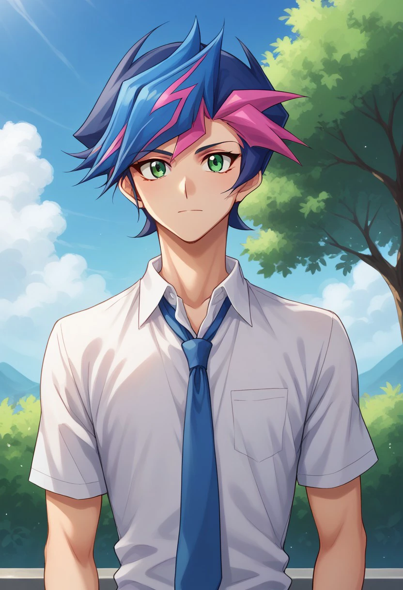 score_9, score_8_up, score_7_up, source_anime, highly detailed, 
yusaku, 1boy, male focus, necktie, solo, green eyes, multicolored hair, blue hair, 
two-tone hair, pink hair, blue necktie, upper body, shirt, white shirt, collared shirt,
outdoor, sky, tree, cloud