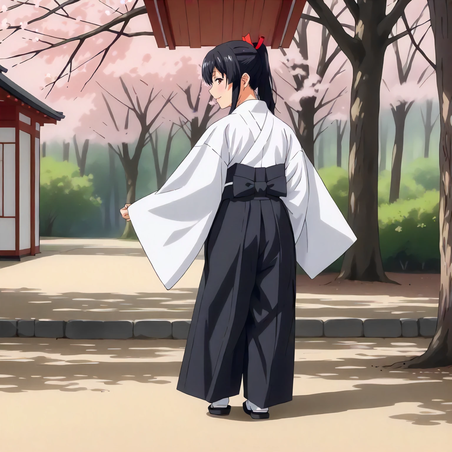 <lora:ToY_AoiXLpony002>,
outdoors,nature,
smile,
solo,
Aoi,1girl,black hair,ponytail,red hairbow,brown eyes,
white kimono,dougi,
hakama_skirt,black hakama,black hakama,
full body,standing,looking back,