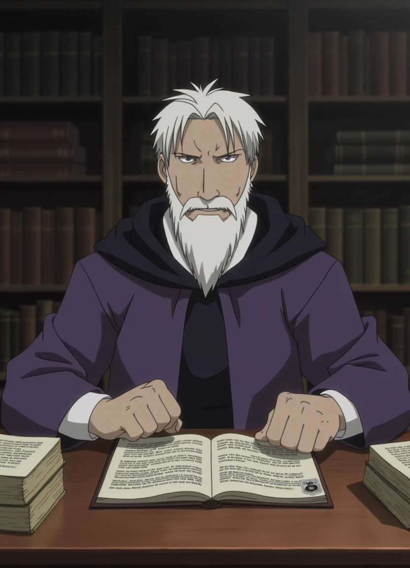 fma_style, a man with short white curly hair and white beard wearing wizard robes, sitting at a desk in a library thoughtfully reading through old books