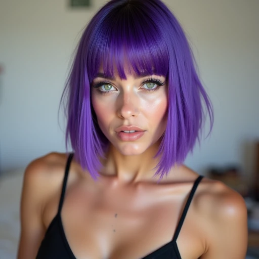 fair skin, with a natural glow. She is wearing a black spaghetti strap top with a small, giving her a modern, voluminous eyelashes. She has a delicate, electric purple color that contrasts vividly against her light skin. Her hair is styled with blunt bangs that frame her face, shoulder-length bob with blunt bangs. Her eyes are a striking green, revealing a flat stomach and a small tattoo on her lower ribcage.