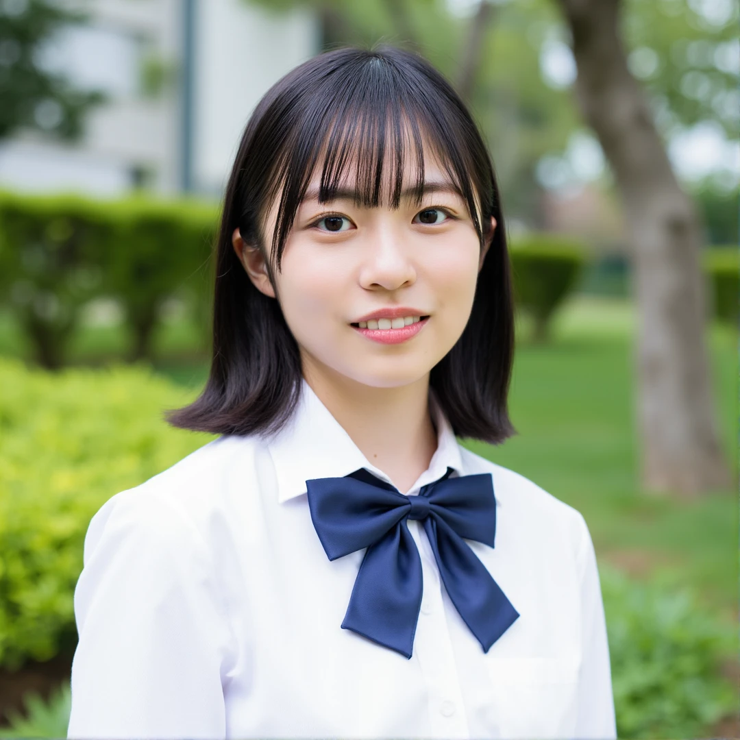 SHOGENJI, The image is a portrait of a young Asian woman. She is standing in a park or garden with trees and greenery in the background. The woman is wearing a white collared shirt with a navy blue bow tie around her neck. She has shoulder-length dark hair with bangs and is looking directly at the camera with a slight smile on her lips. The lighting is soft and natural, highlighting the woman's features.Natural lighting, Soft cool tones, Amateur photography, 