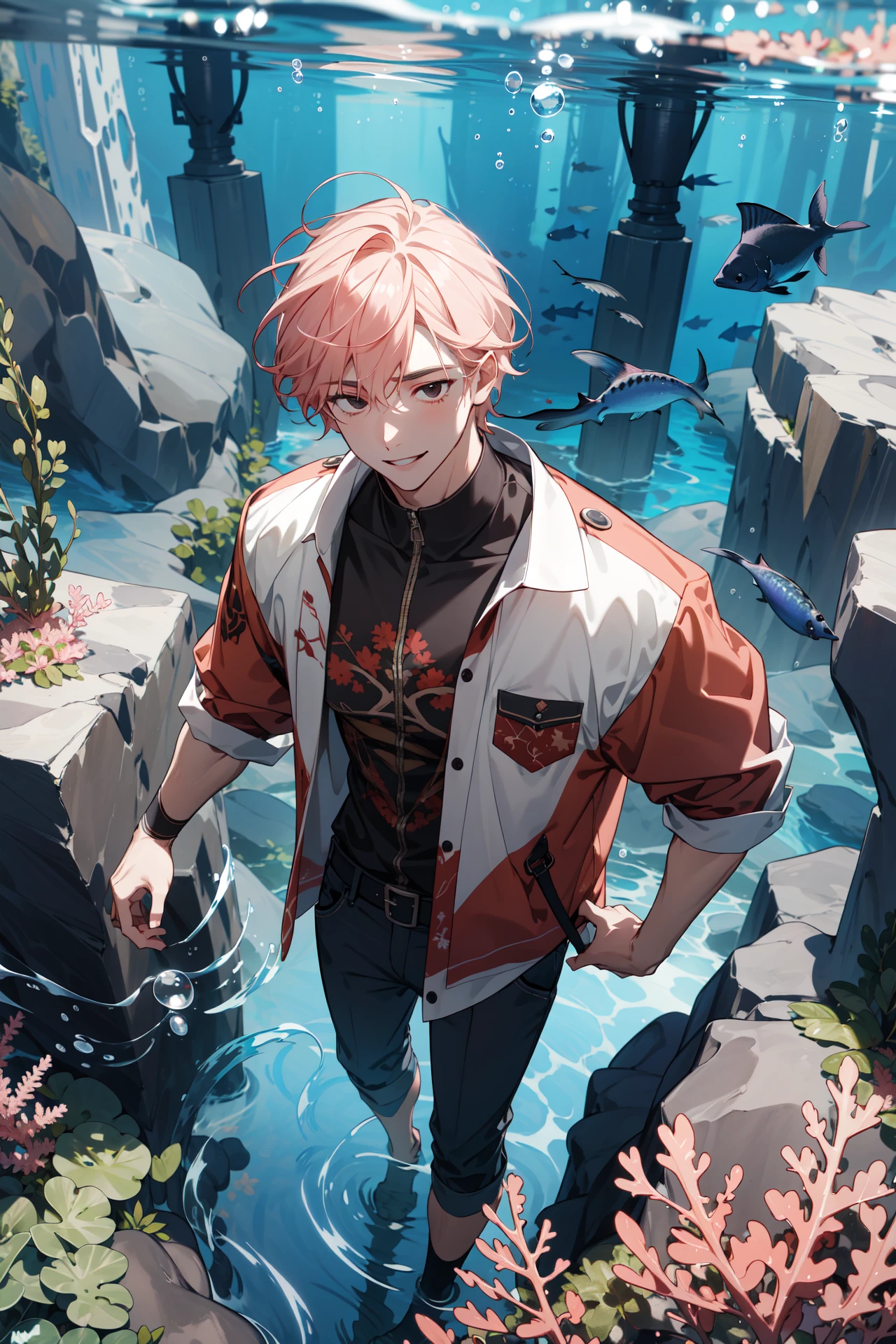 (absurdres, highres, ultra detailed, masterpiece, best quality), full body, dutch angle, finely detailed eyes and detailed face, intricate details, complex background, cinematic lighting, 1boy, mature, handsome, tall muscular guy, broad shoulders, solo, Salmon pink hair, black eyes, underwater, reflection, foam, underwater, water plants, coral, rock, herds of fish, tropical fish, turtles, floundering, floating hair, fantastic, mermaid, depth of field, from directly above, smile