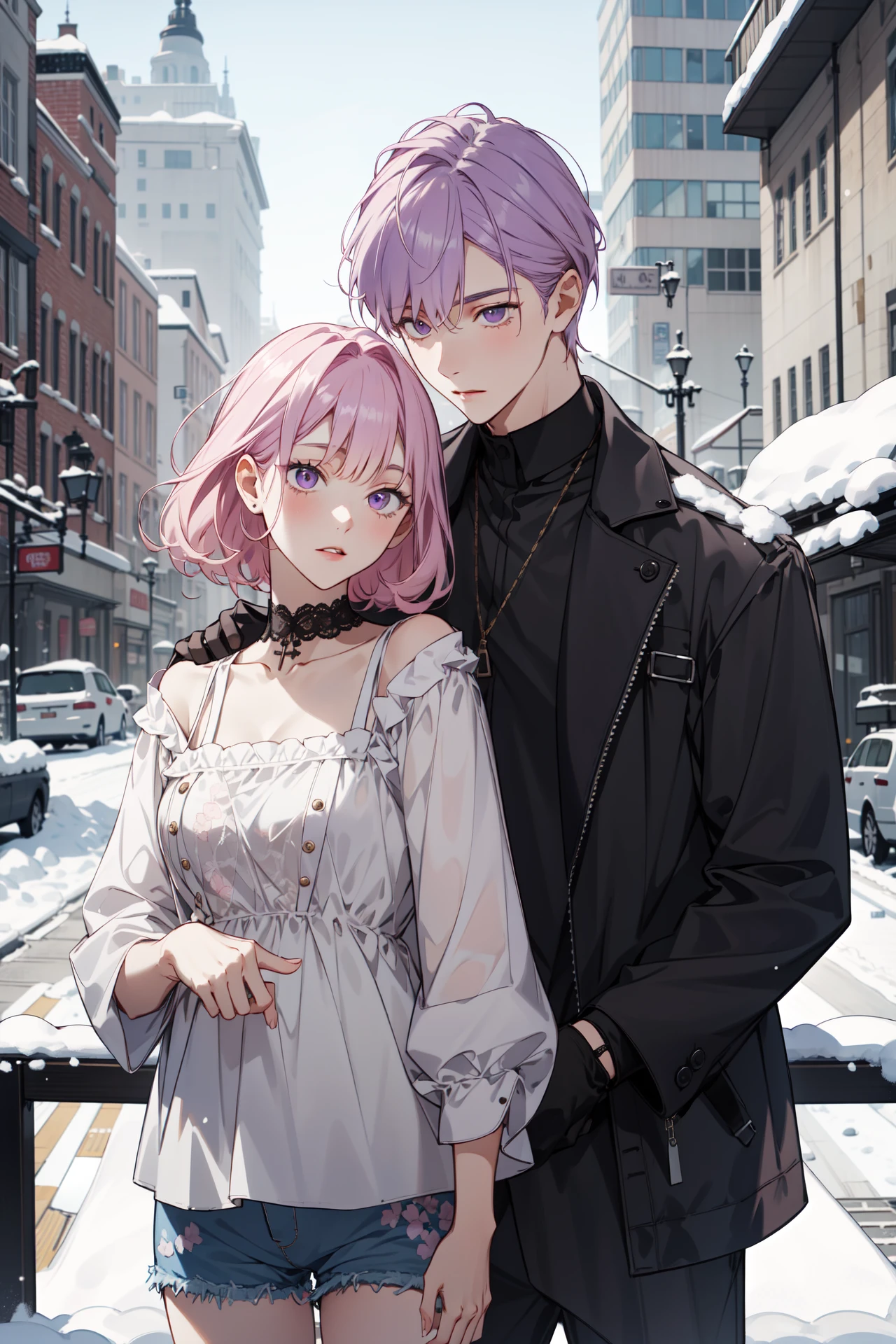 (absurdres, highres, ultra detailed), masterpiece, best quality, (2others:1.4), 1boy with 1girl, cowboy shot, mature, Height difference, different fashion, different color, finely detailed eyes and detailed face, complex background, intricate details, complex background, outdoor, snow, winter, daybreak, modern urban style, chiffon blouse, lace, shorts , suite_room, depth of field, pink hair, violet hair