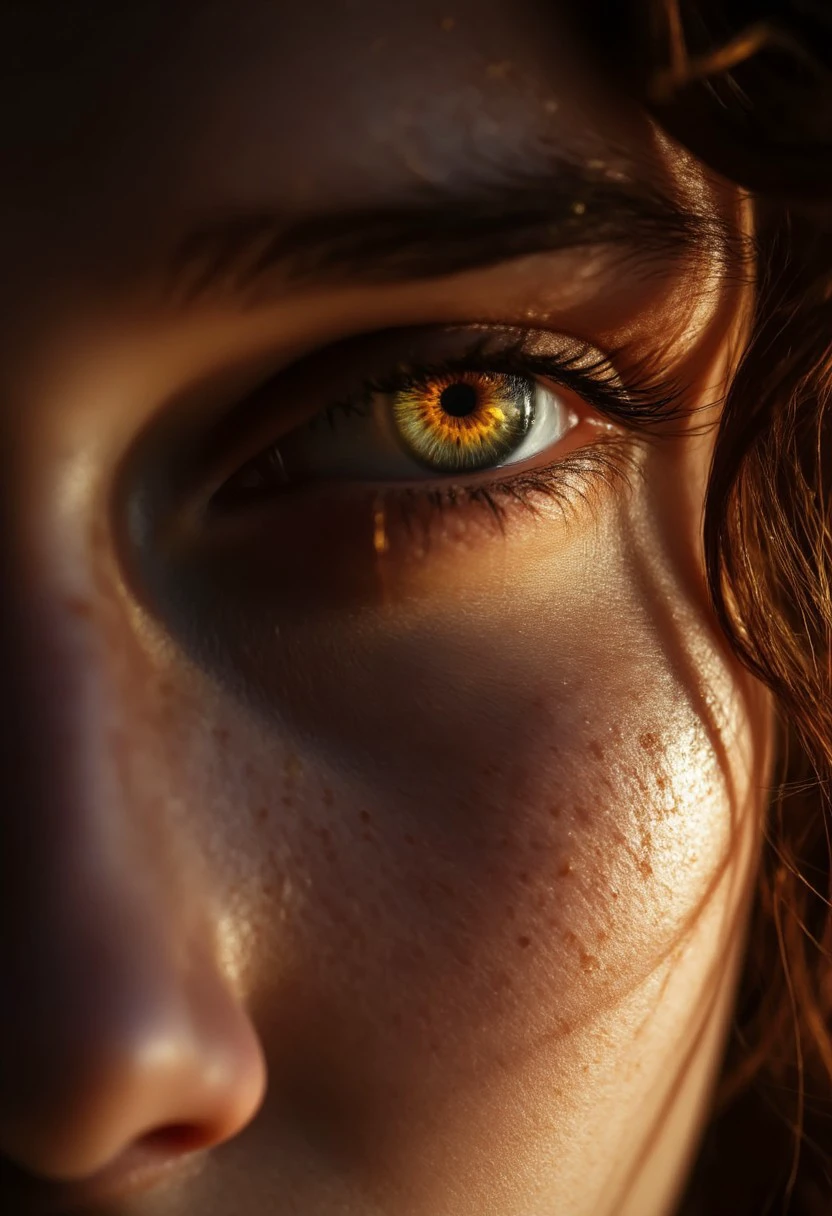 intense close up of a beautiful eye with a tear on the cheek, emotional in a good way, - brooding, joyfull energy, expressionism lighting, dark contrasts, full colour, Canon fisheye 8 mm f/2.8L IIUSM warm lightning,