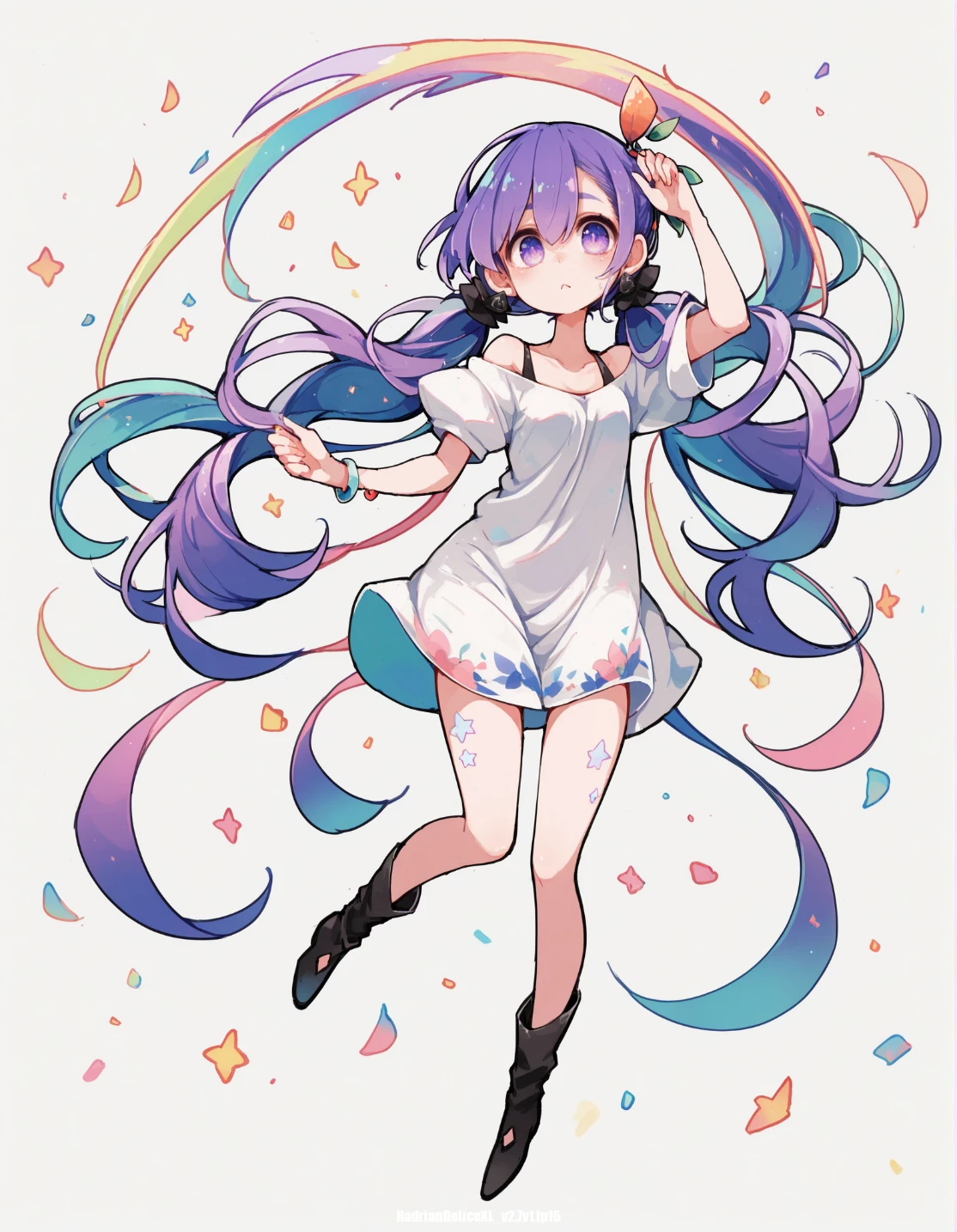 scorce_9,score_8_up,score_7_up,score_6_up,score_5_up, ,, <lora:tnsk_pony_v2.0_27a.safetensors:1> 1girl,solo,full body,white background,idol,long hair,twintails