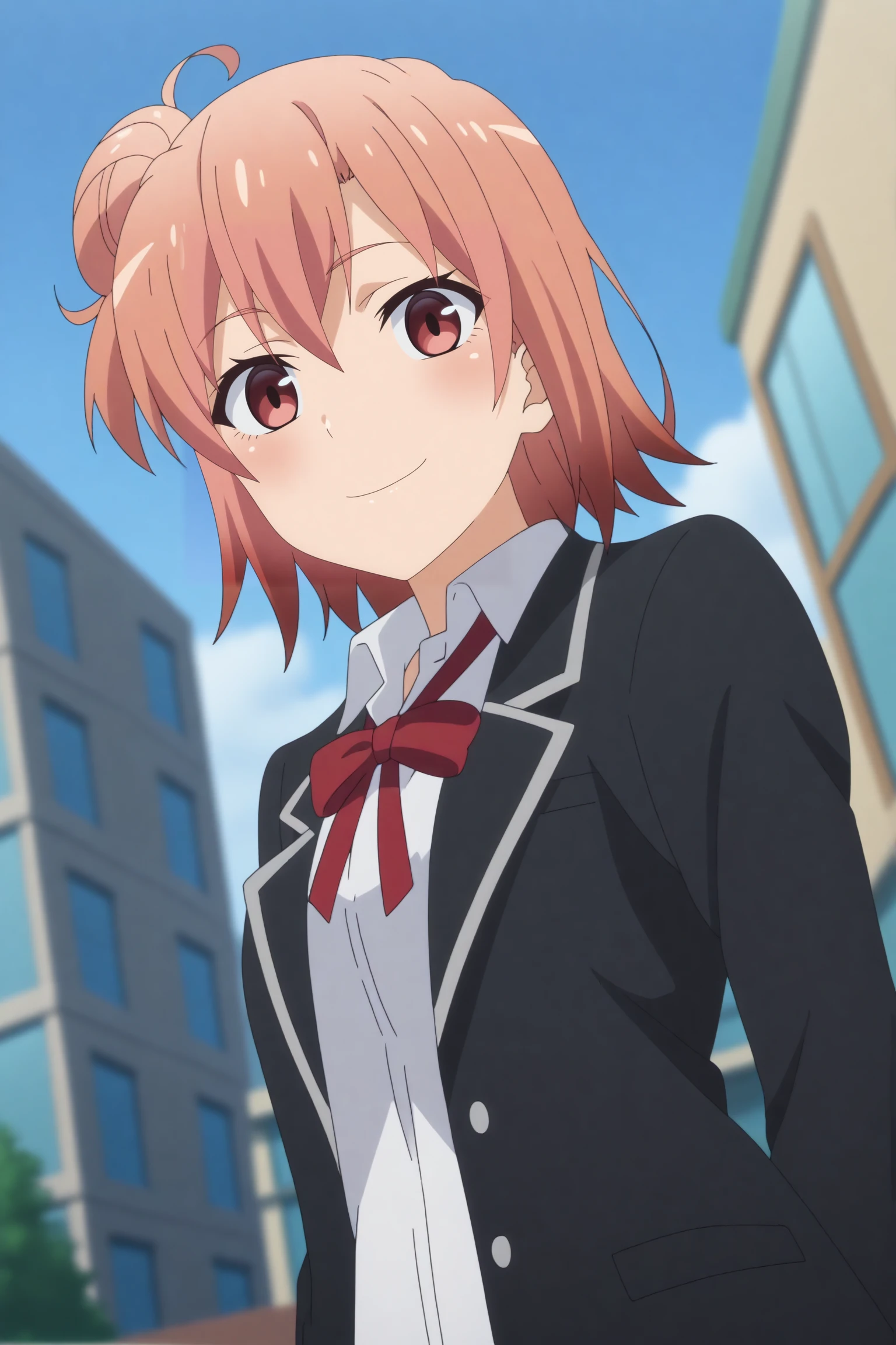 yuigahama yui,1girl,hair bun,single hair bun,short hair,solo,school uniform,sobu high school uniform,shirt,jacket,hair between eyes,black jacket,looking at viewer,blazer,outdoors,ahoge,windows,blue sky,dutch angle,city,smile,upper body,hands behind the back,blush <lora:Yuigahama_Yui_-_Yahari_Ore_no_Seishun_Love_Come_wa_Machigatteiru.safetensors:0.8>